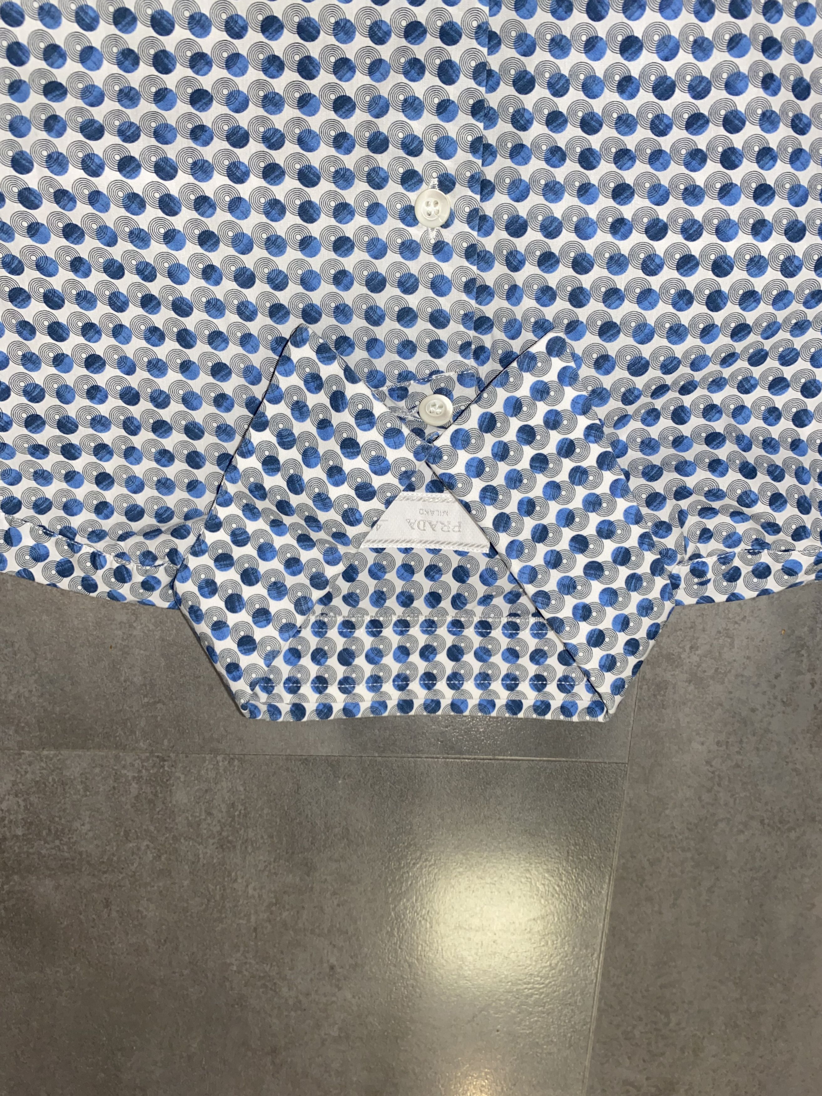 image of Prada White Polka All Over Print Button Up Shirt in Light Navy Polka Dot, Men's (Size Large)