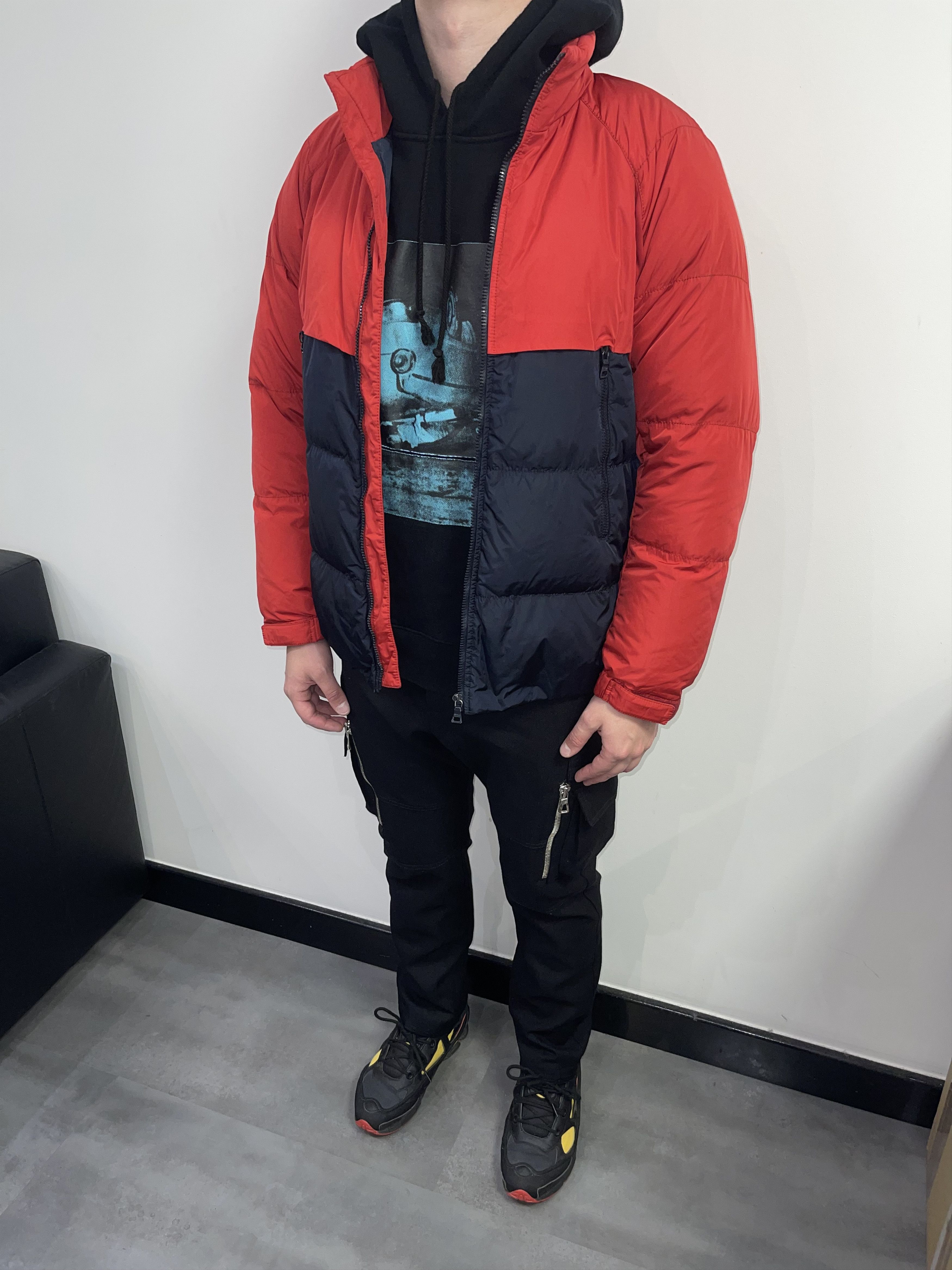 image of Aw08 Prada Red Tab Logo Two Tone Down Puffer Jacket in Black/Red, Men's (Size Large)