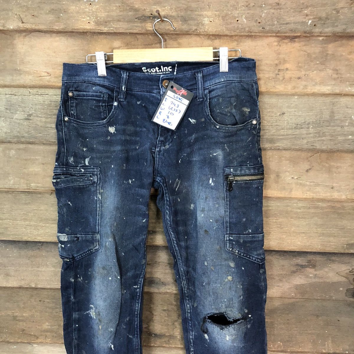 Japanese Brand Scot Inc Blue paint worn Distressed Denim cargo Pants #5085 Size US 29 - 2 Thumbnail