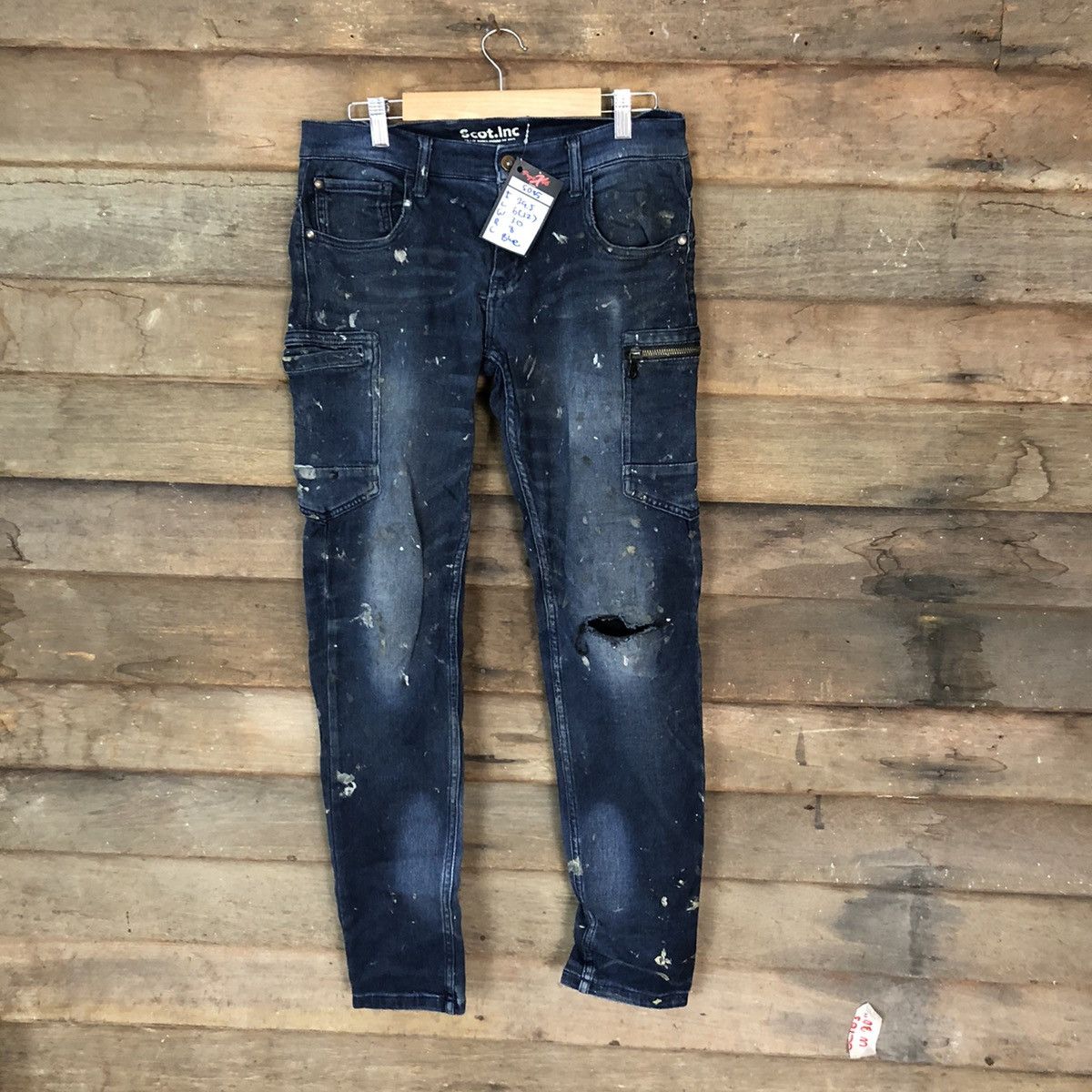 Japanese Brand Scot Inc Blue paint worn Distressed Denim cargo Pants #5085 Size US 29 - 1 Thumbnail