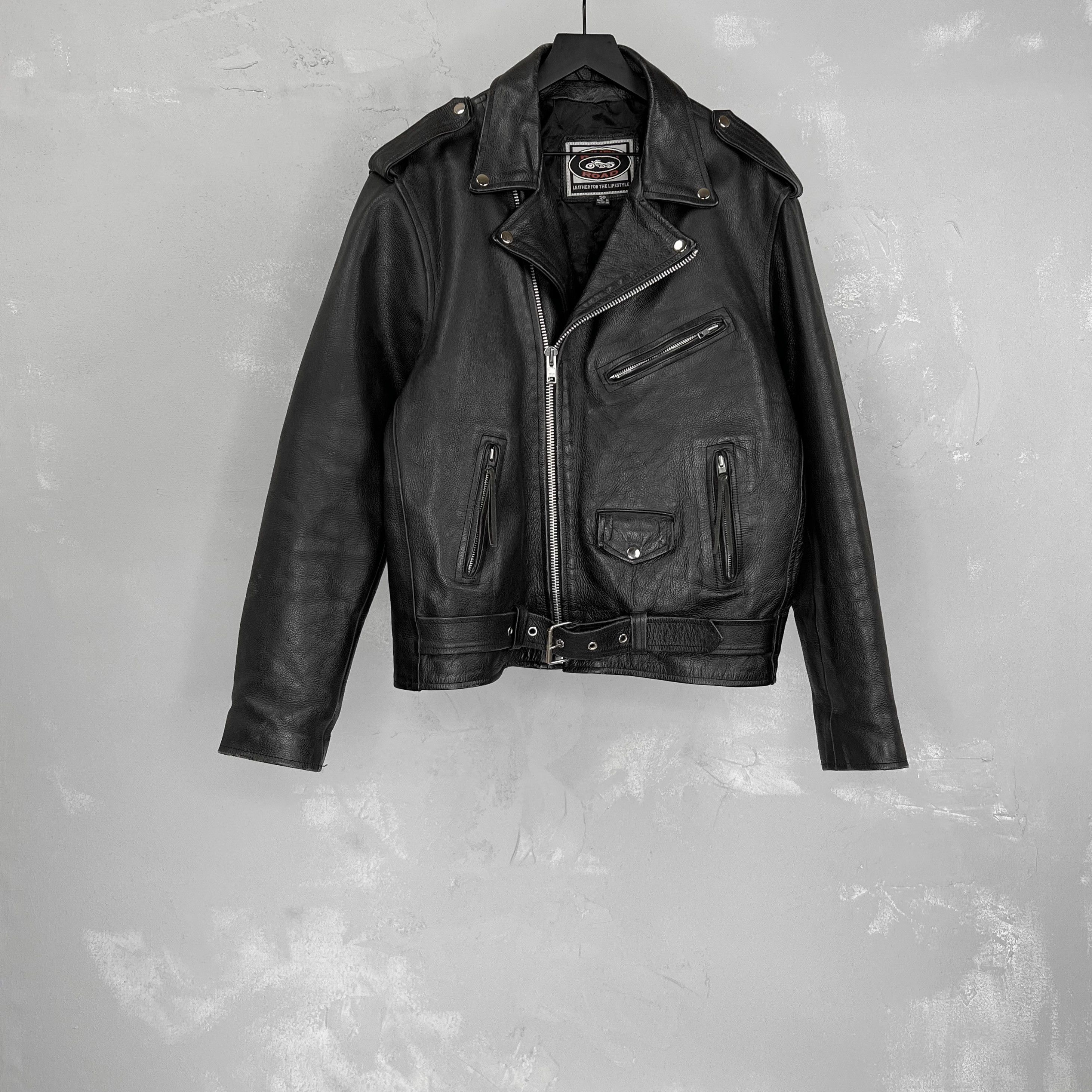 image of Vintage River Road Black Genuine Leather Biker Jacket, Men's (Size XL)