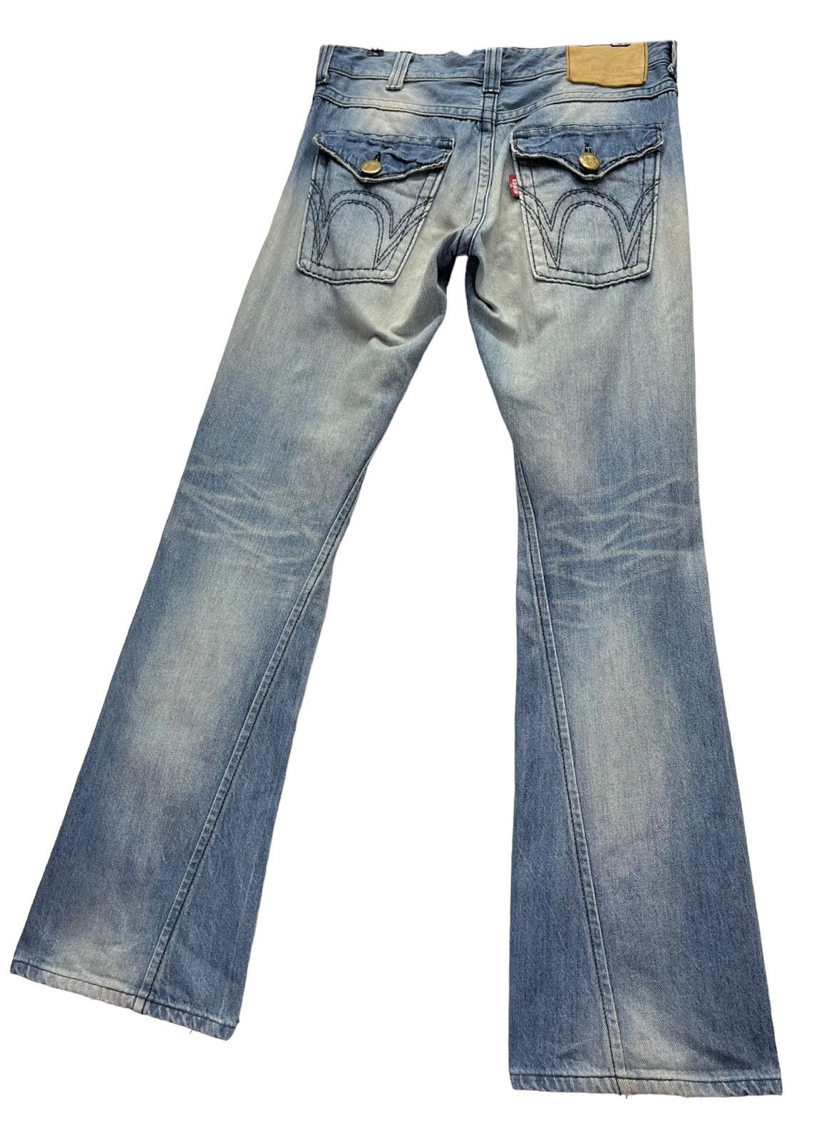 Japanese Brand 🔥Vintage EDWIN BLUE TRIP JAPAN Light Wash Distressed Flare Size US 33 - 1 Thumbnail