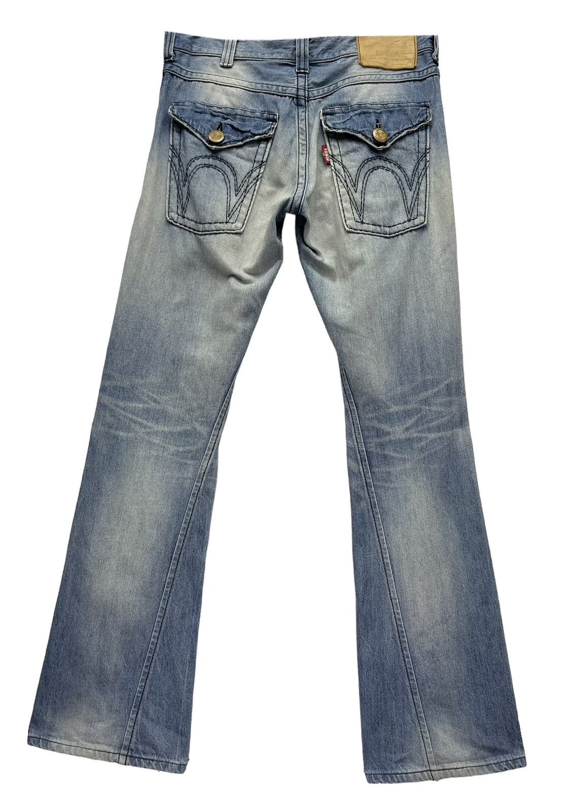 Japanese Brand 🔥Vintage EDWIN BLUE TRIP JAPAN Light Wash Distressed Flare Size US 33 - 2 Thumbnail
