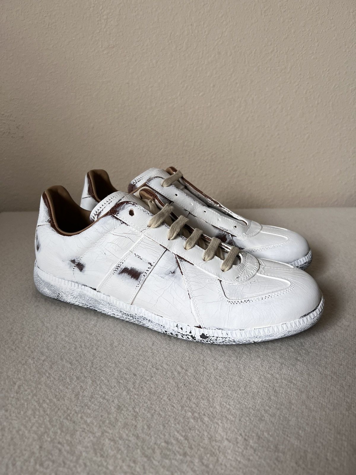 image of Maison Margiela Cracked Paint Leather Gat Shoes in White, Men's (Size 8)