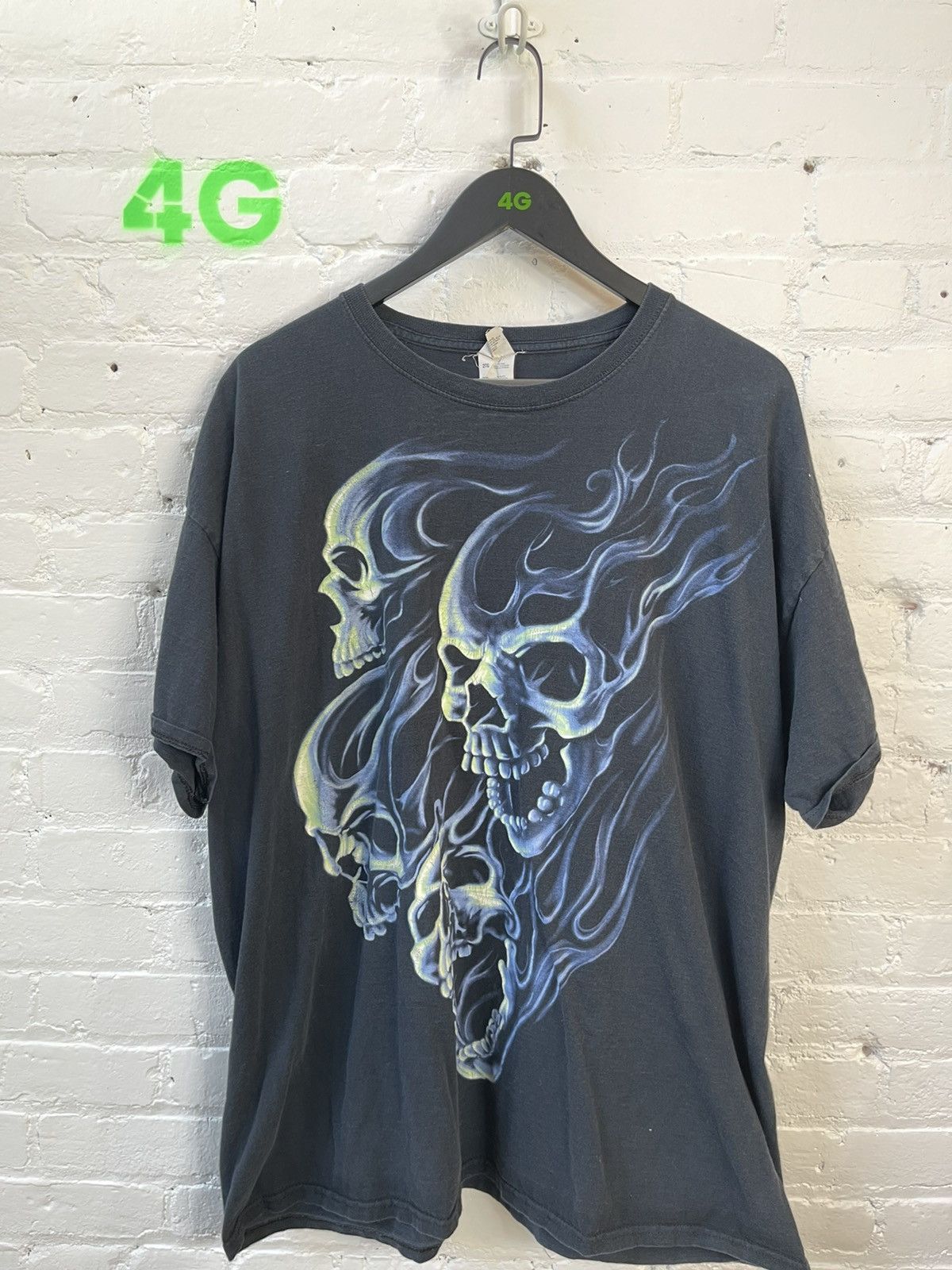 image of Vintage 90's Oversize Bagy Skull Flame Black Shirt, Men's (Size 2XL)