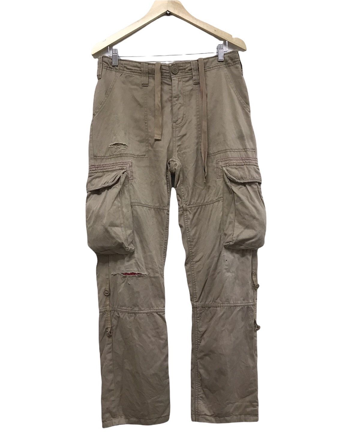 image of Vintage Nicereal Crush Clothing Patchwork Distressed Cargo Pants in Khaki, Men's (Size 33)