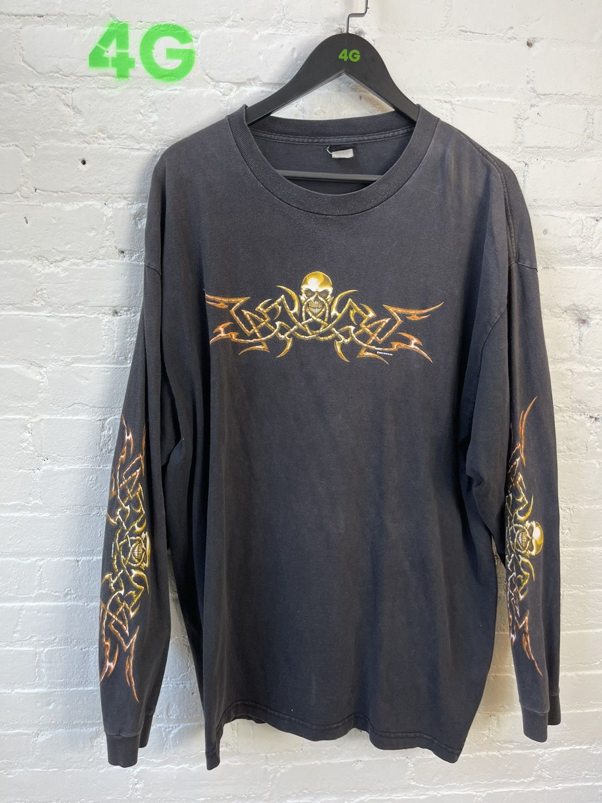 Pre-owned Vintage 90's Tribal Skull Long Sleeve Black Shirt