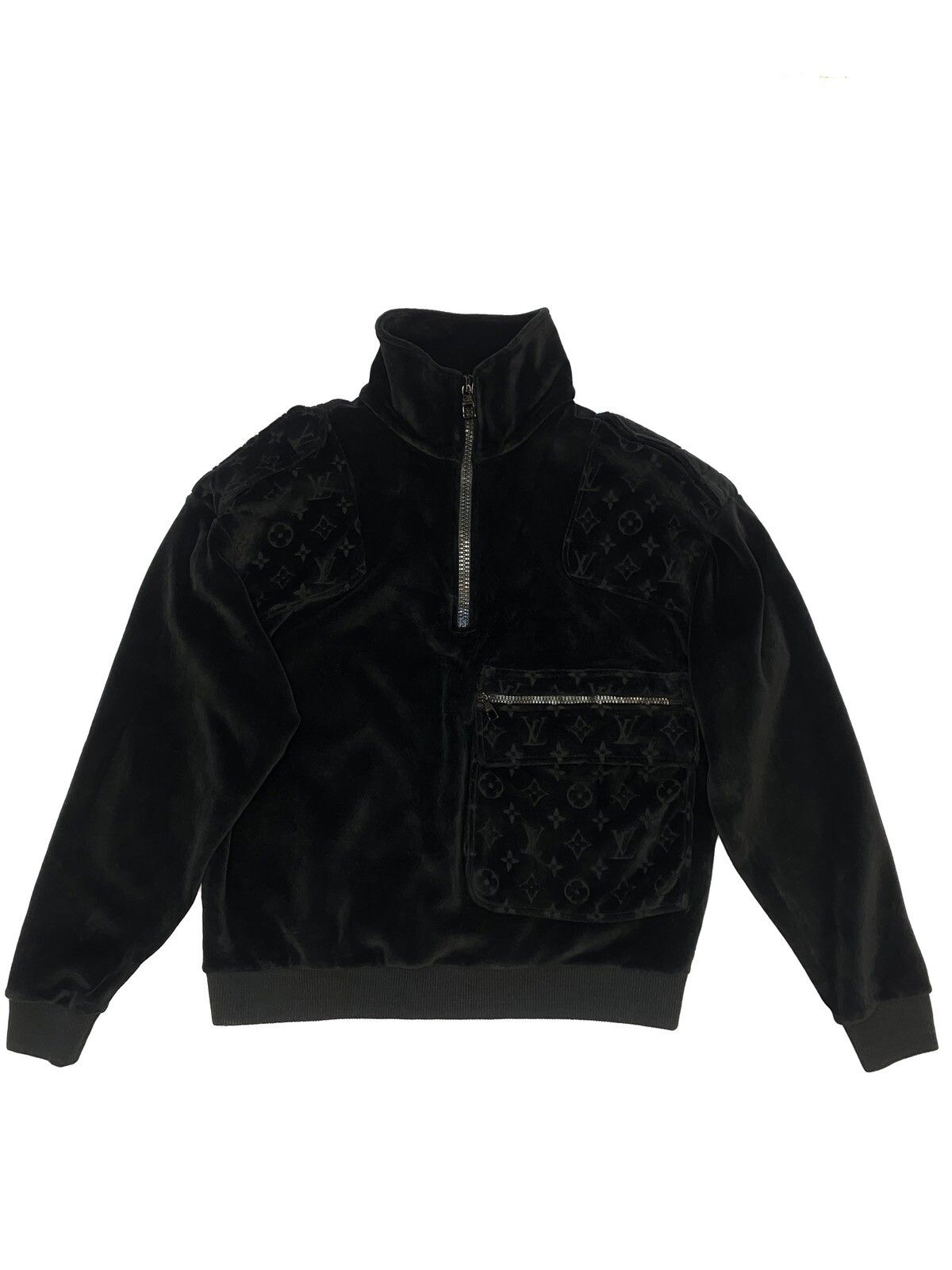 Louis Vuitton Half Zip Hoodie Flower Embroidery Big Lv Logo Black mens
