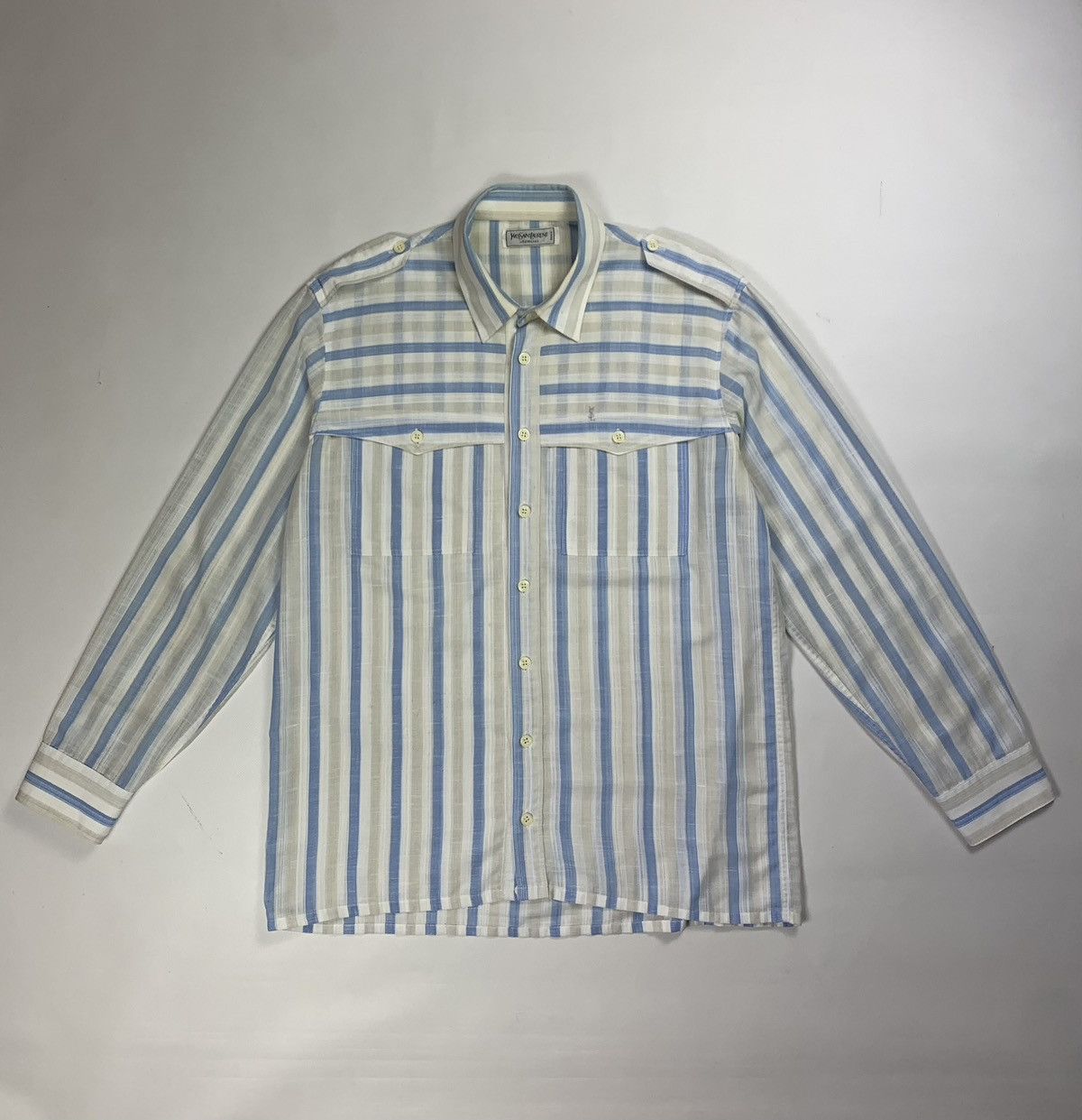 image of Vintage VTG YVES Saint Laurent 90's Men’S Linen Military Shirt in White, Men's (Size Large)