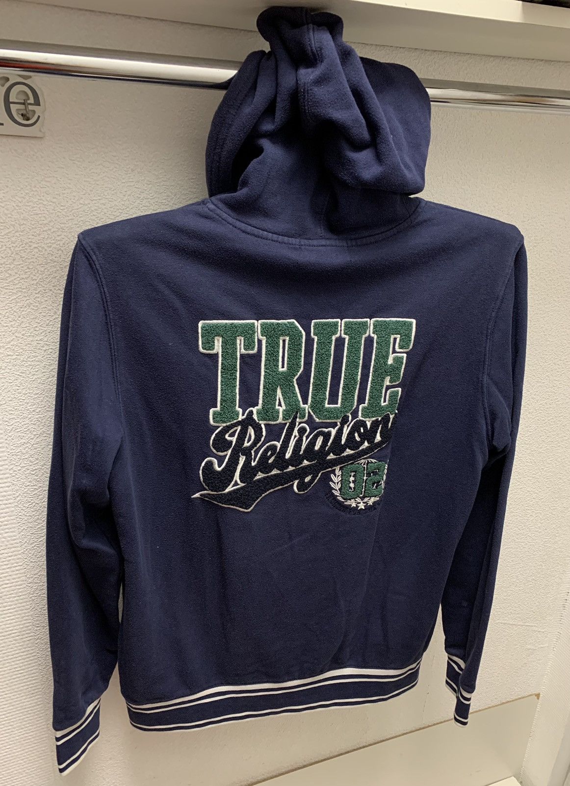 True religion blue hoodie big logo back L sz