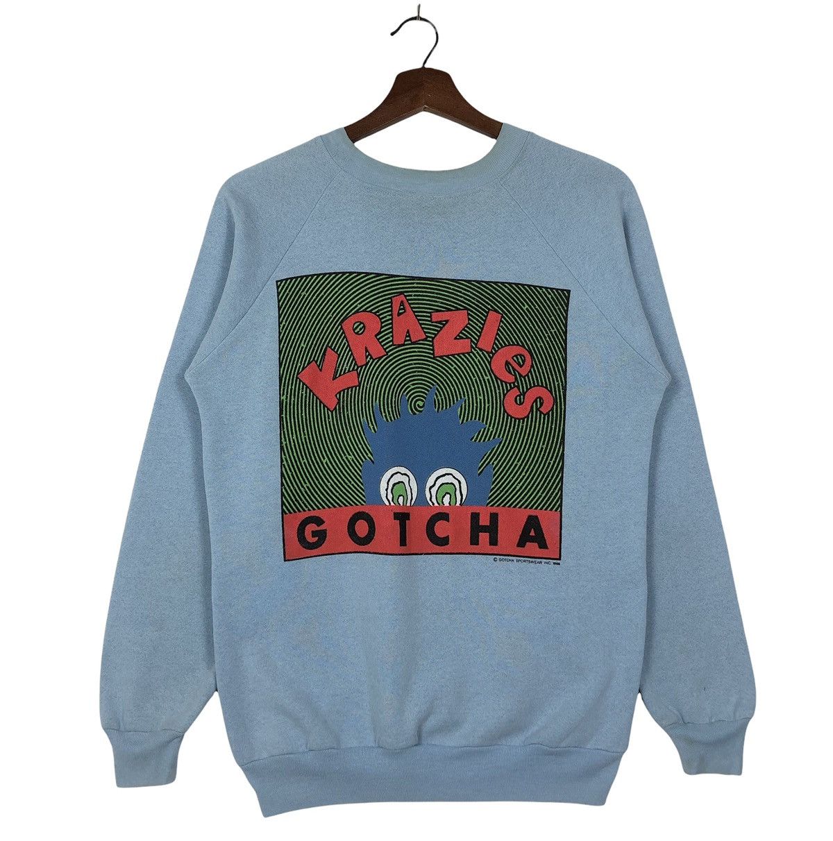 image of Vintage 90's Gotcha Krazies Surfboards Sweatshirt in Blue, Men's (Size Small)