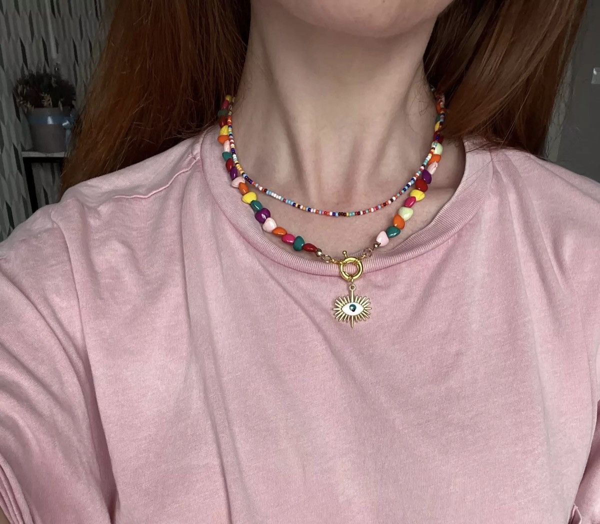 Handmade × Jewelry Colorful Heart Choker Beads Eye Pendant Necklace Size ONE SIZE - 2 Thumbnail