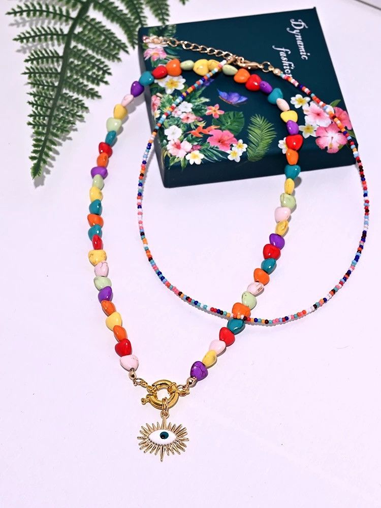 Handmade × Jewelry Colorful Heart Choker Beads Eye Pendant Necklace Size ONE SIZE - 1 Thumbnail
