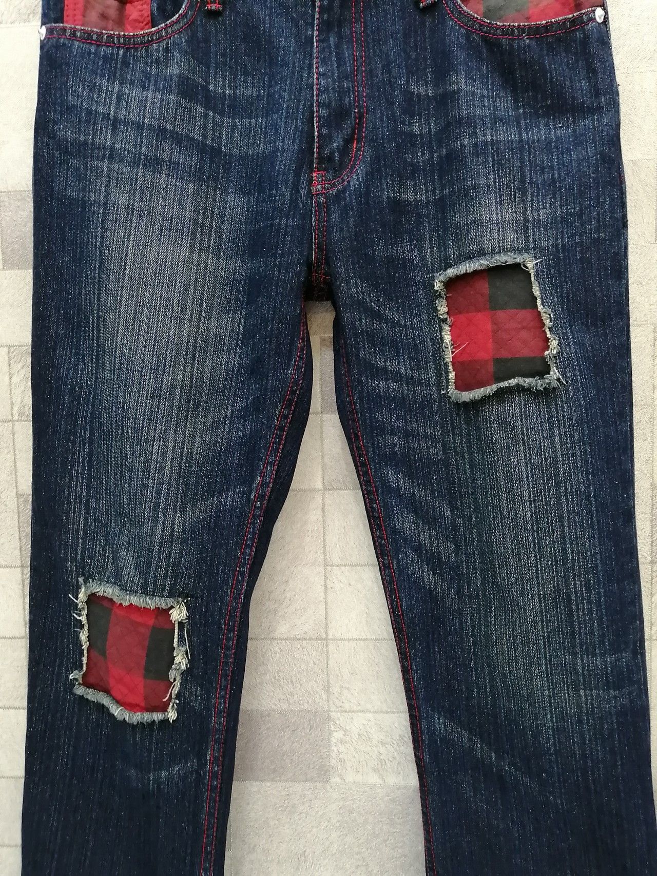 Japanese Brand 🇯🇵JO'ISM💥Vintage Punk Tartan Red Patchwork Jeans Size US 30 / EU 46 - 3 Thumbnail