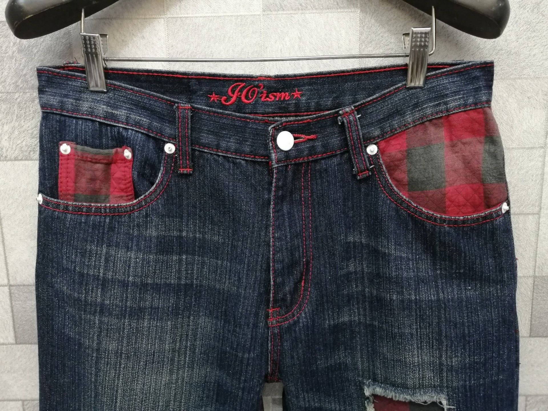 Japanese Brand 🇯🇵JO'ISM💥Vintage Punk Tartan Red Patchwork Jeans Size US 30 / EU 46 - 4 Thumbnail