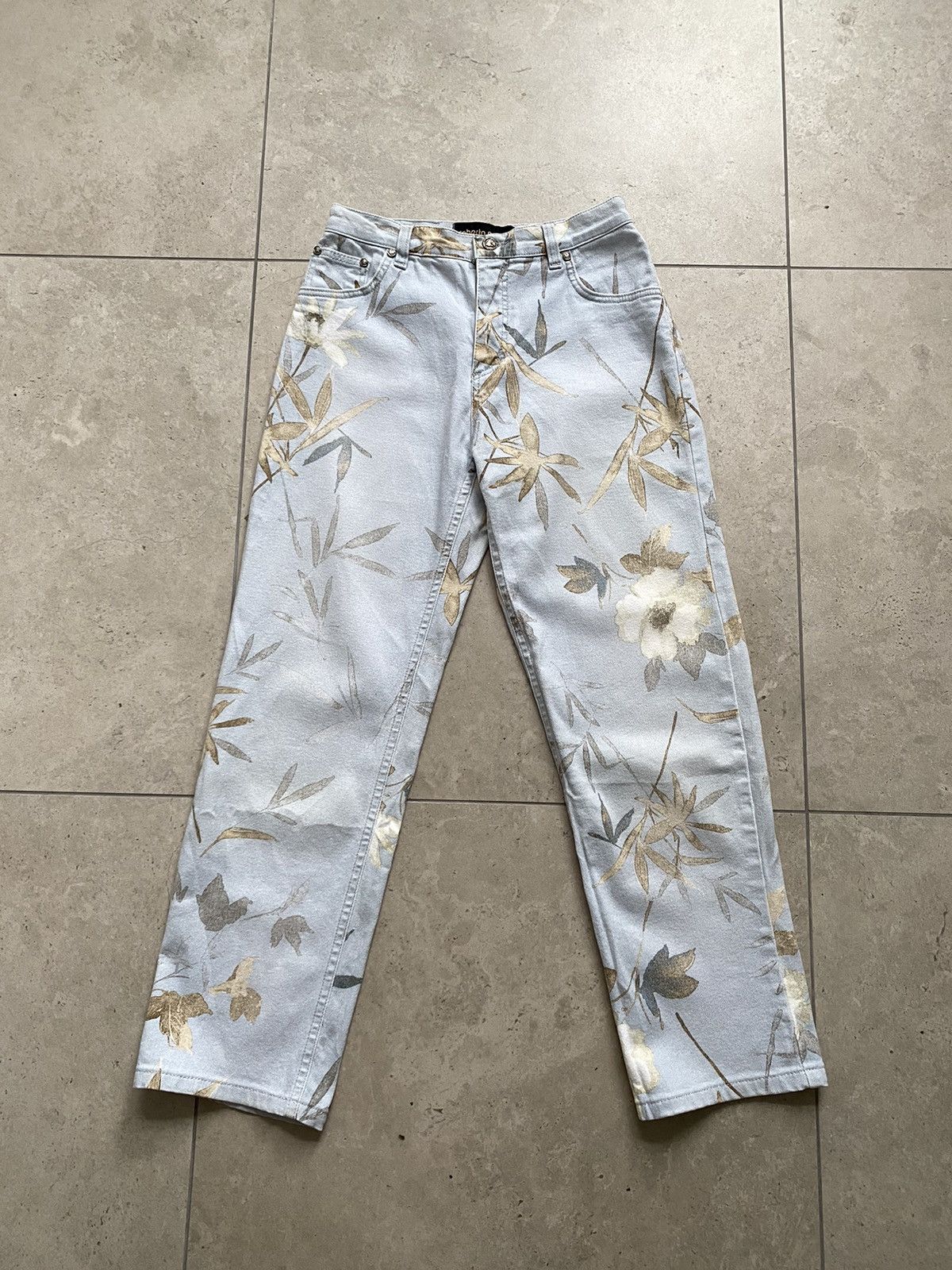 image of Vintage Roberto Cavalli Floral Print Jeans in Light Aqua, Men's (Size 31)