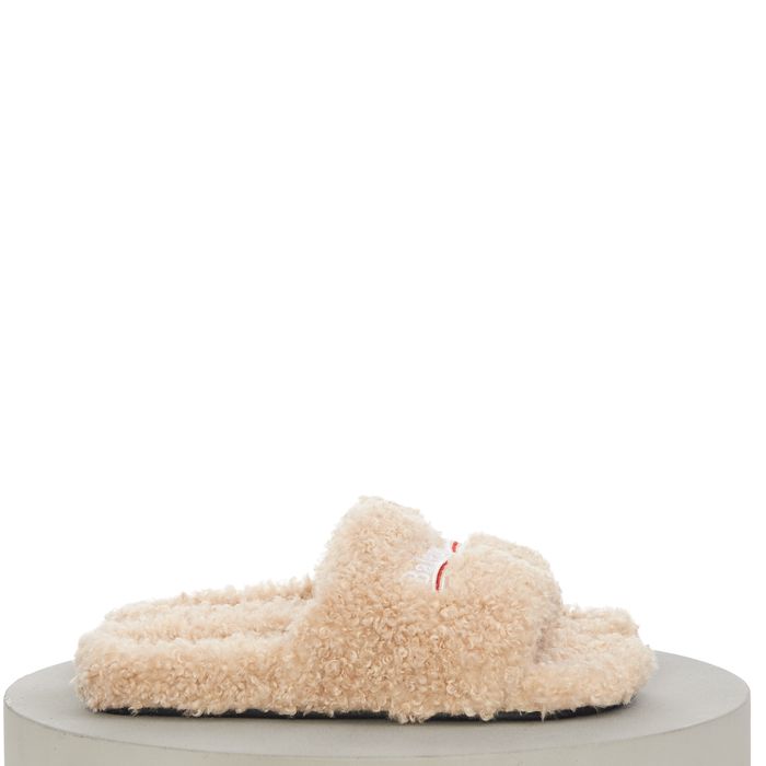 Balenciaga Furry Slides In Beige Shearling w Political Logo Embroidery ...