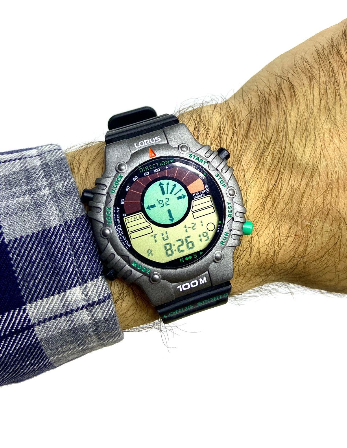 Seiko x Vintage 90S Lorus Vector Digital Military Compass Watch in Grey, Men's