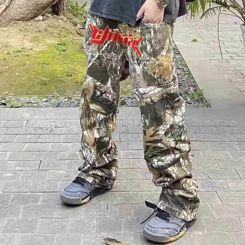 image of Distressed Denim x Jean Embroidery Camouflage Baggy Cargos Men Women in Green (Size 32)