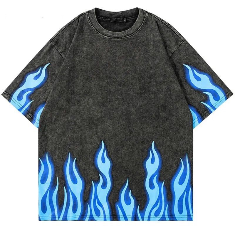 Blue Fire Flame Print Casual Graphic Tee