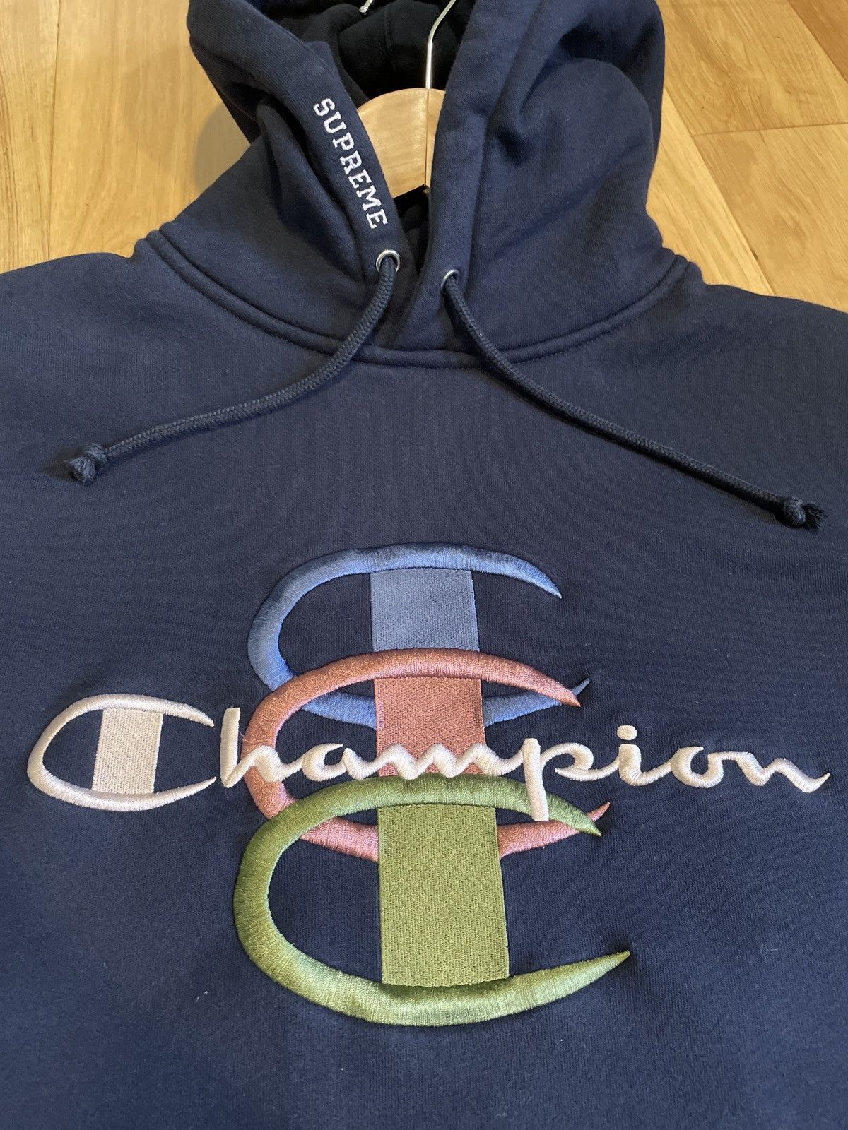 Champion Supreme Supreme x Champion Stacked C Hooded Sweatshirt NavyBlue FW17 Grailed