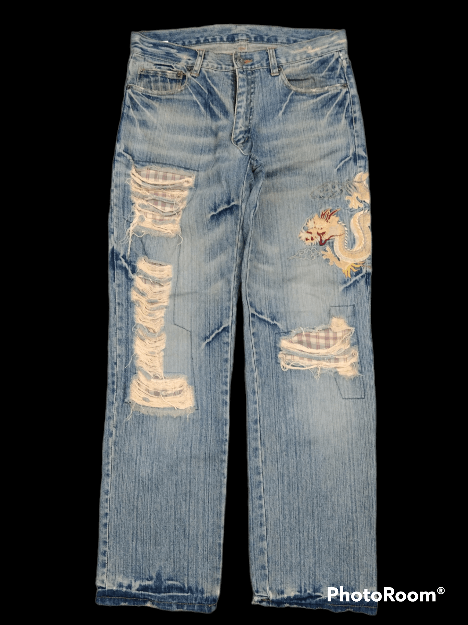 image of Distressed Denim x Dragonfly Sick Riped Dragonfly Unbrand Denim Pants in Light Blues Distressed (Si