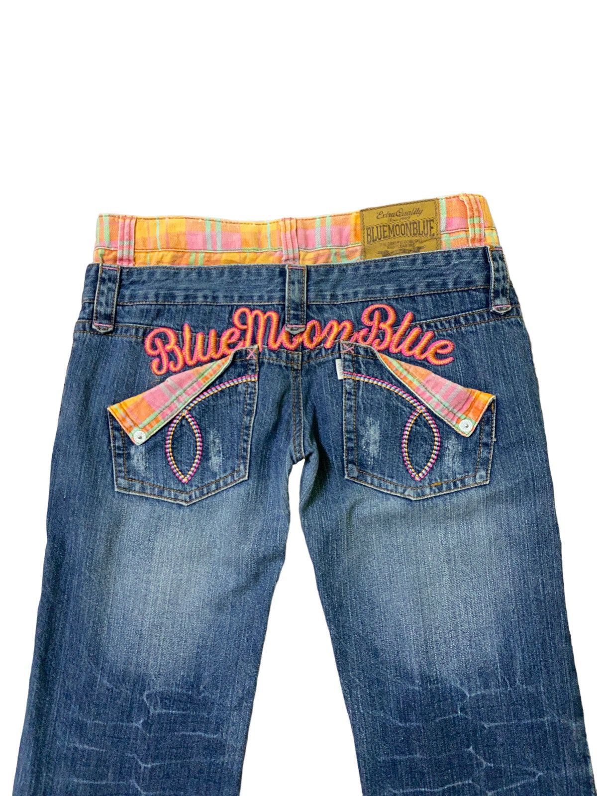 Blue Moon Blue Embroidery Logo Double Waist Low Waist Denim