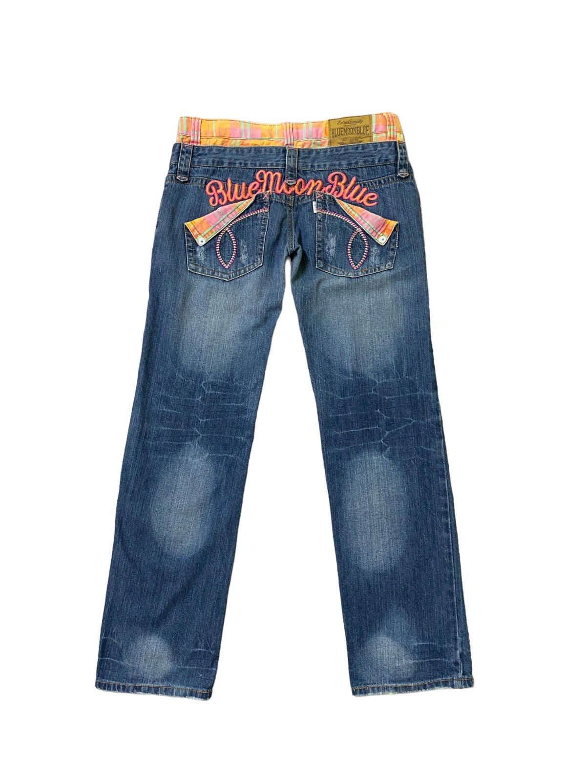 image of Archival Clothing Blue Moon Blue Embroidery Logo Double Waist Low Waist Denim, Men's (Size 28)