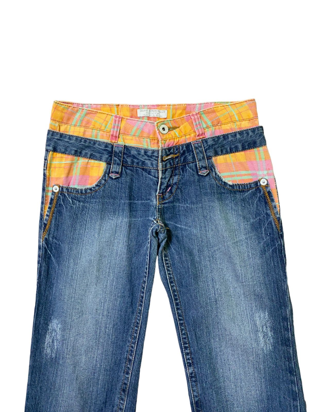 Blue Moon Blue Embroidery Logo Double Waist Low Waist Denim