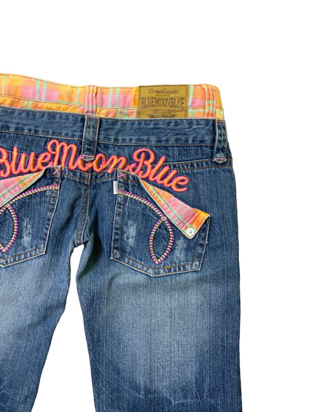 Blue Moon Blue Embroidery Logo Double Waist Low Waist Denim