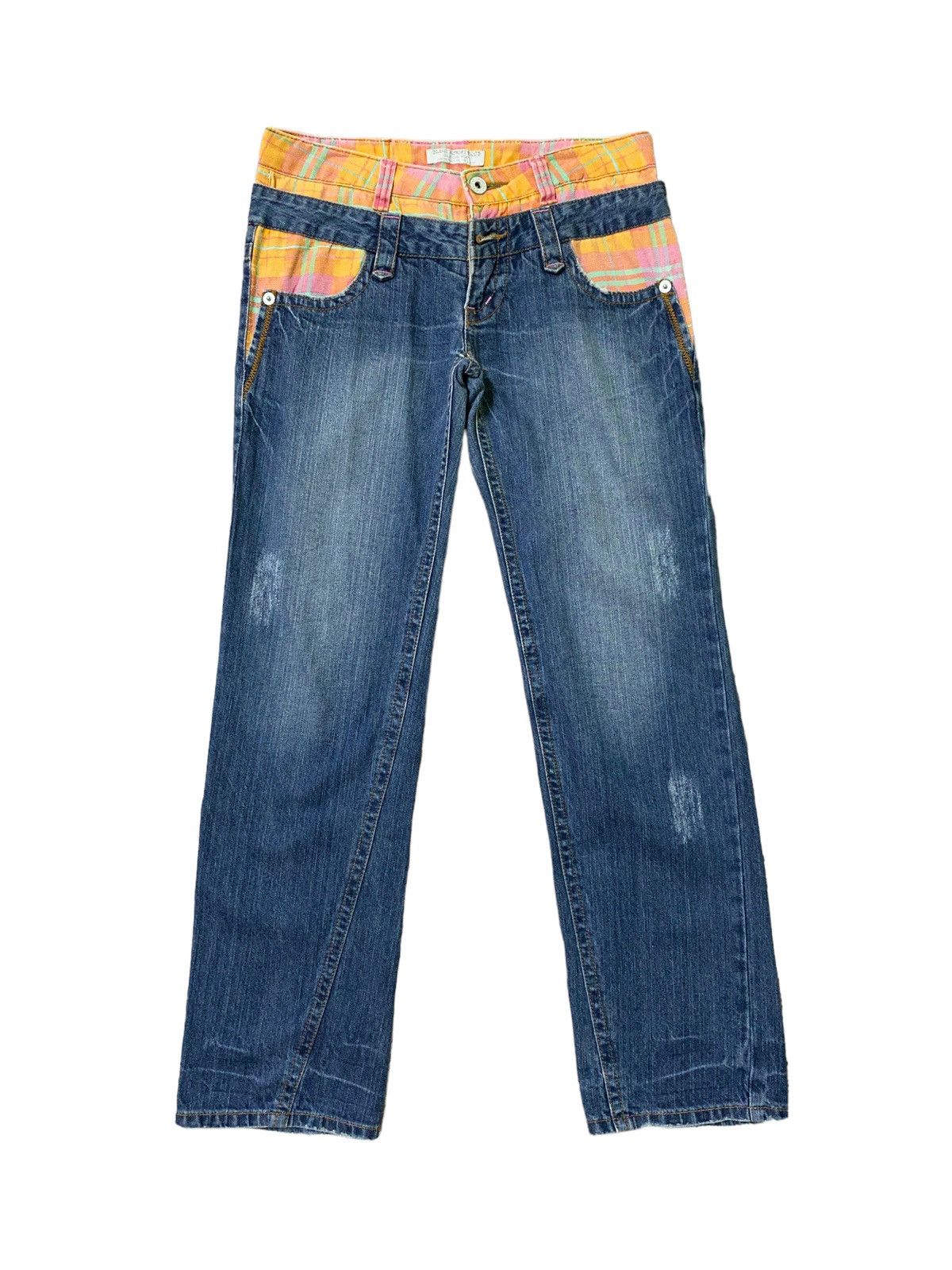 Blue Moon Blue Embroidery Logo Double Waist Low Waist Denim