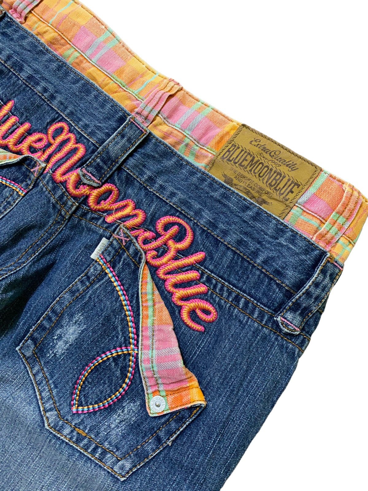 Blue Moon Blue Embroidery Logo Double Waist Low Waist Denim