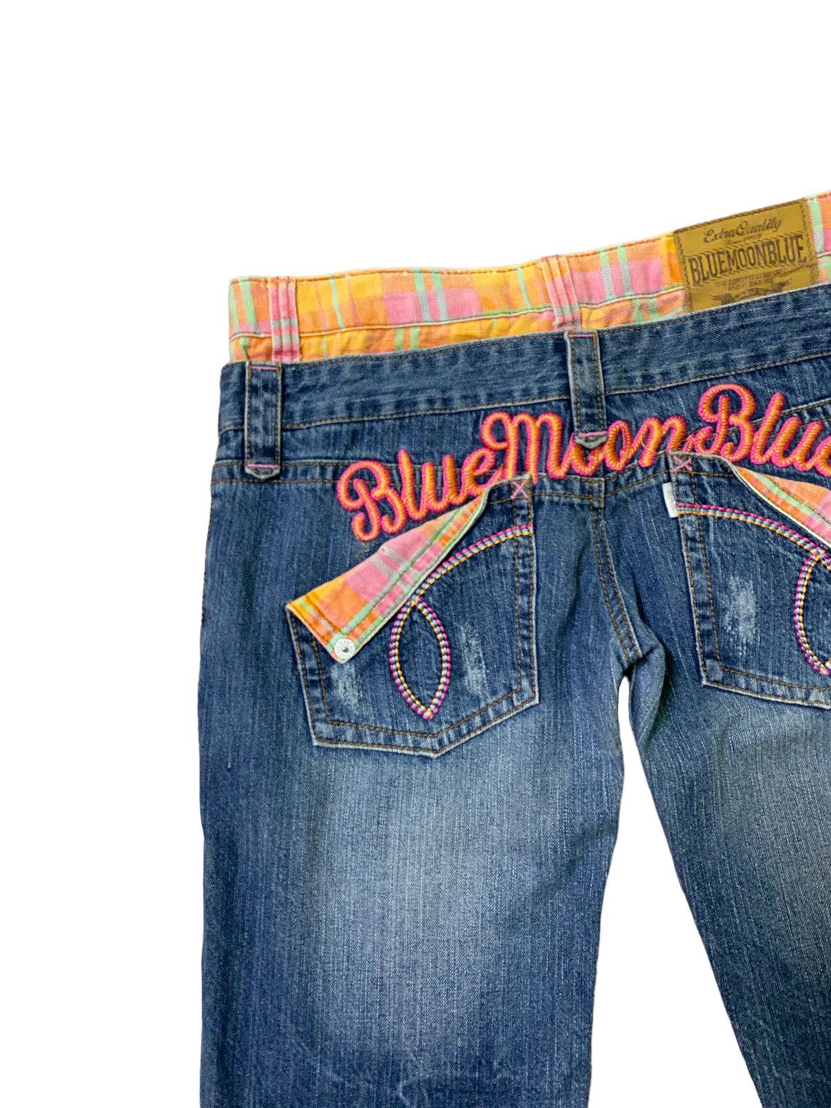 Blue Moon Blue Embroidery Logo Double Waist Low Waist Denim