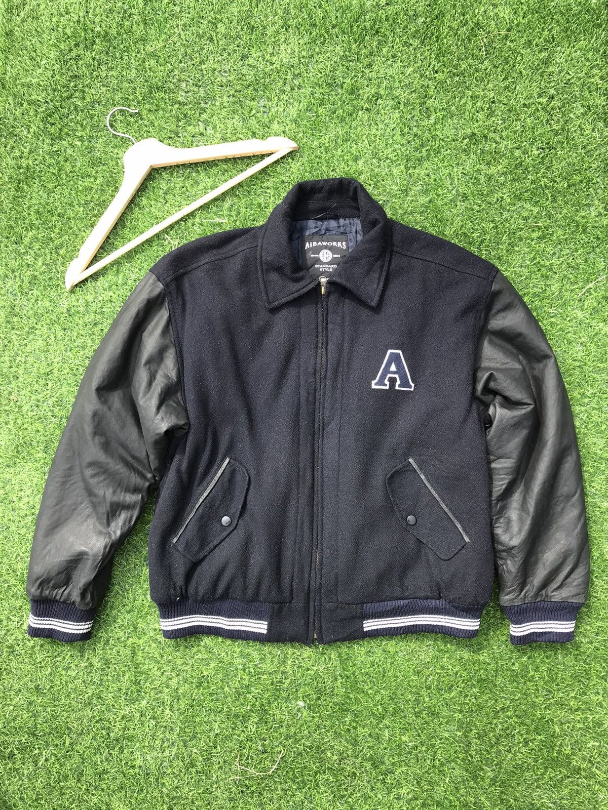 image of Leather Jacket x Varsity Jacket Stealsvintage Aiba Works Varsity Leather Sleeve Jacket in Black (Si