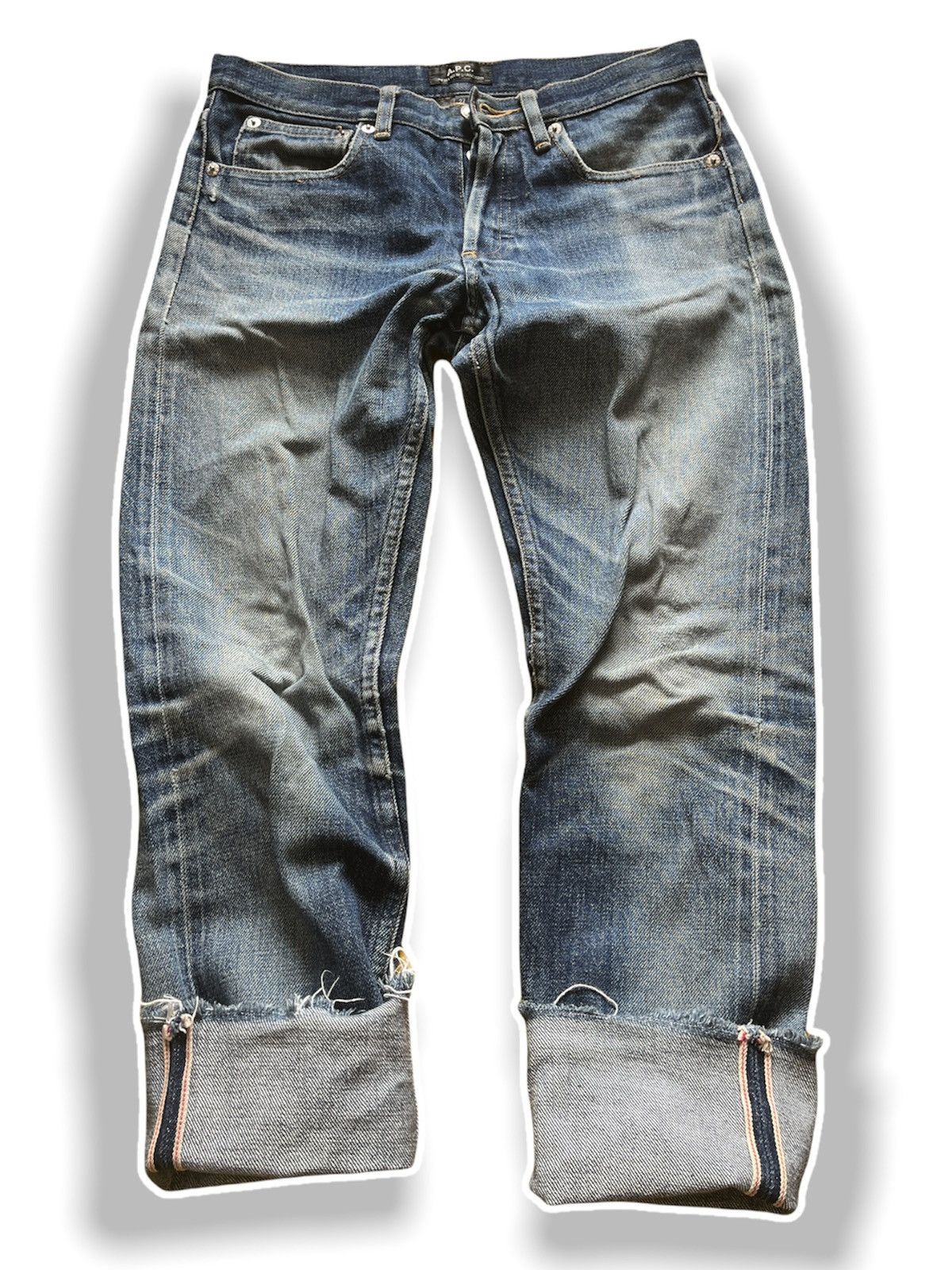 image of A P C x Distressed Denim Vintage Selvedge Denim Jeans in Blue Denim, Men's (Size 27)