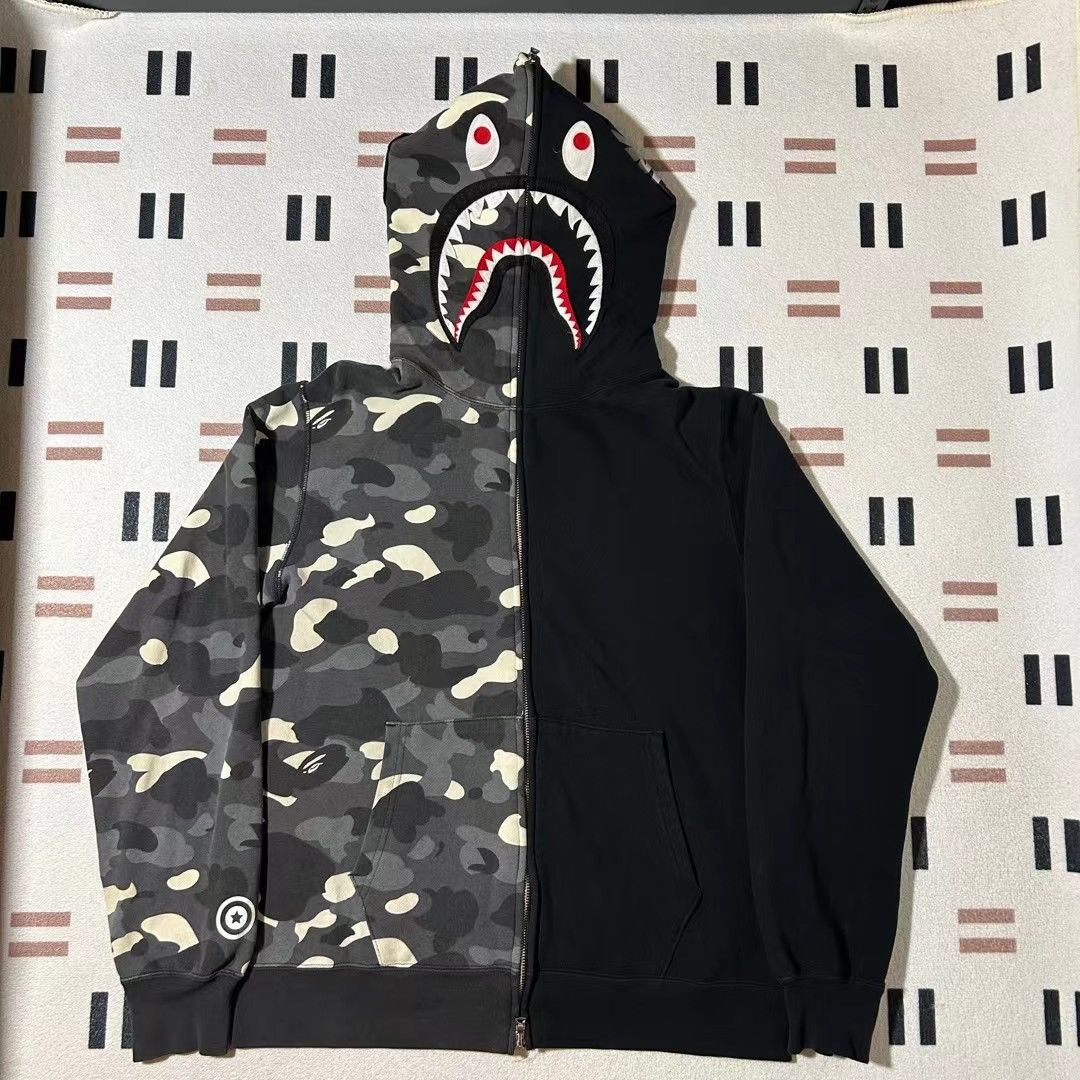 image of Bape City Camo Shark Half Full Zip Hoodie in Black, Men's (Size XL)