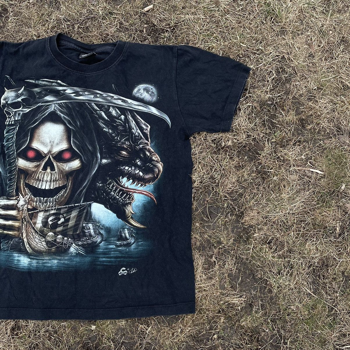 Vintage Vintage 90s Goth Skull Graphic Tee Black Faded Baggy Slim S Size US S / EU 44-46 / 1 - 3 Thumbnail
