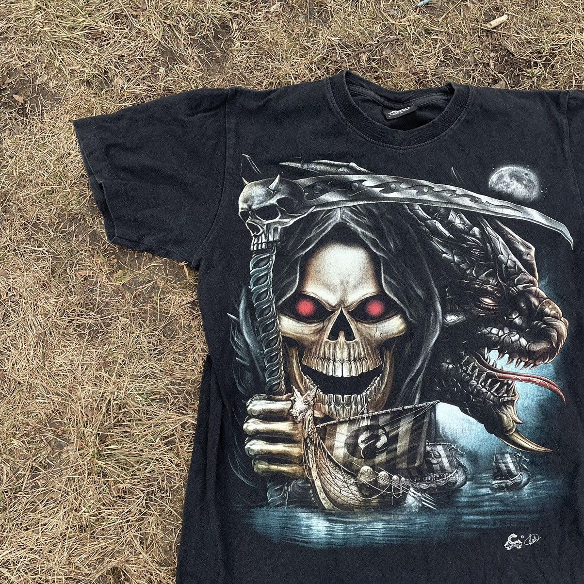 Vintage Vintage 90s Goth Skull Graphic Tee Black Faded Baggy Slim S Size US S / EU 44-46 / 1 - 2 Thumbnail