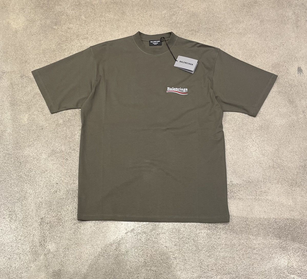 image of Balenciaga Embroidered Political Campaign Logo T-Shirt in Olive, Men's (Size Large)