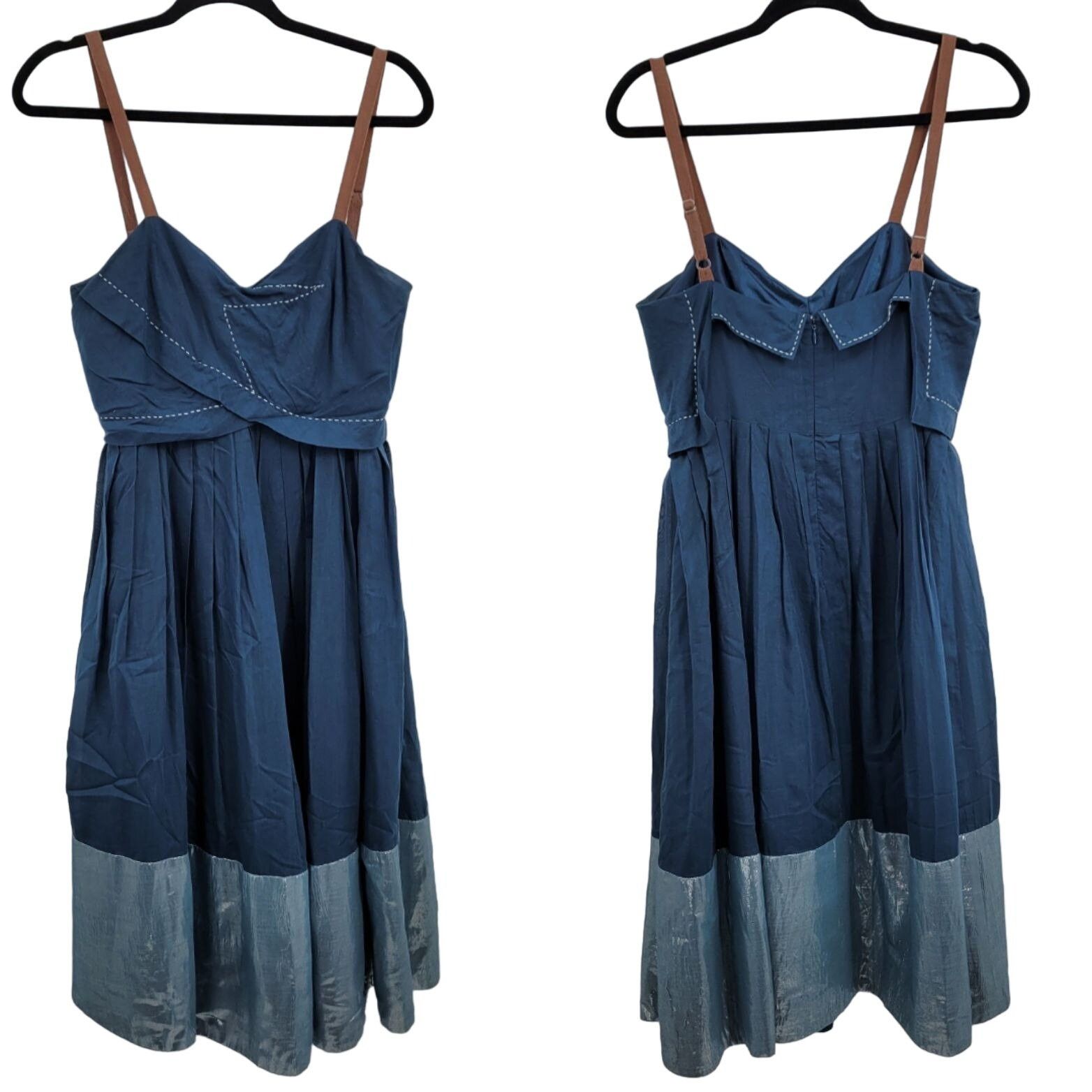 Anthropologie Bian Peasant Midi Dress L Blue Silk Pleated
