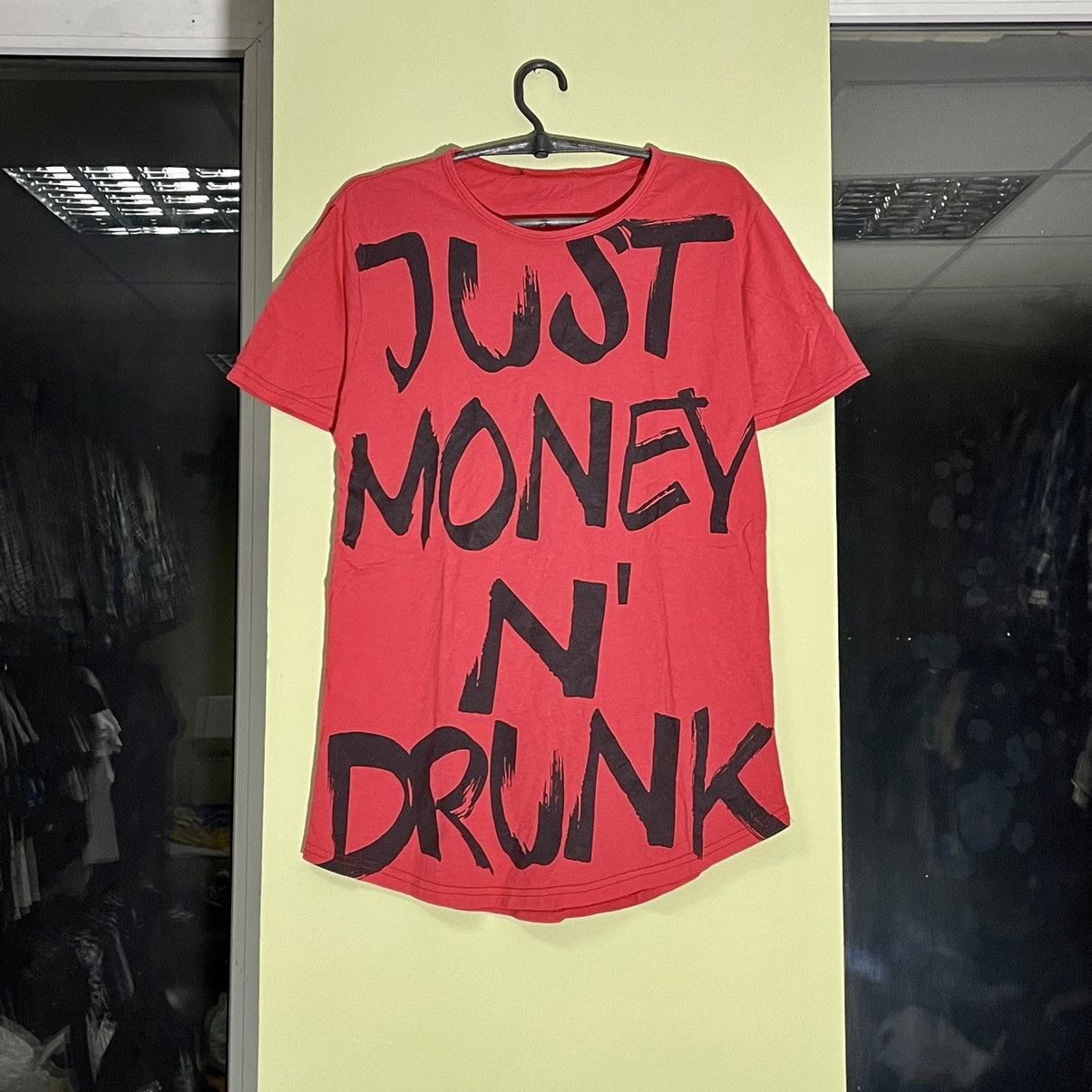 image of Y2K Adult “ Just Money N Drunk ” 90's Promo Humor Tee in Red, Men's (Size Medium)