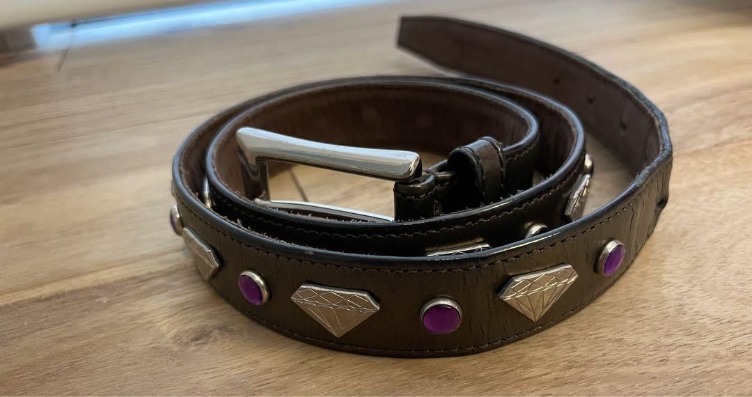image of Undercover Gem Stone Diamond Studded Leather Belt in Brown, Men's