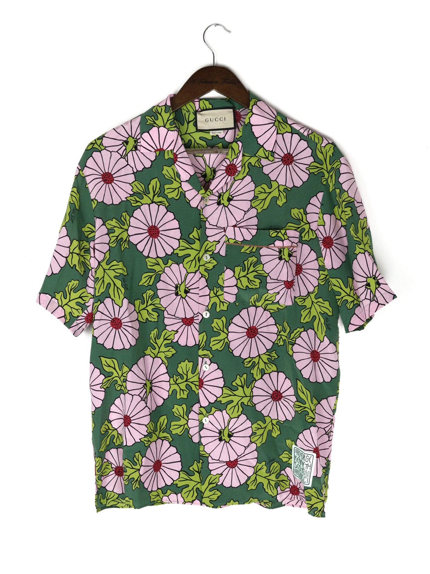 image of Gucci X Ken Scott Flower Silk Bowling Shirt in Green, Men's (Size Small)