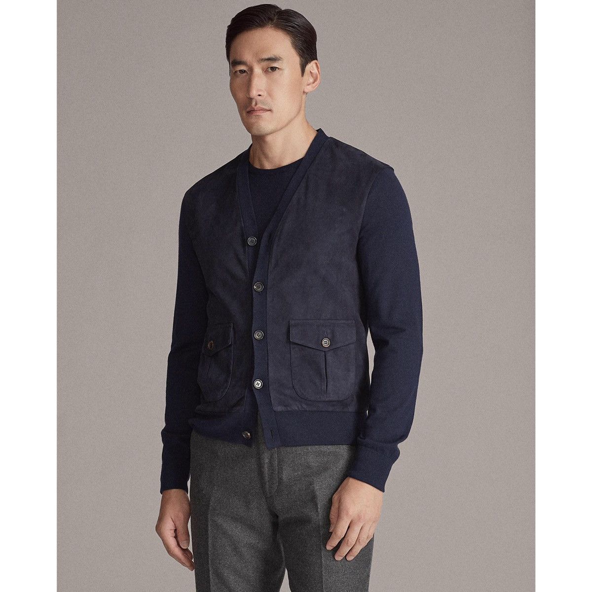 image of Ralph Lauren Purple Label Suede Patch Cashmere Flannel Shirt in Navy, Men's (Size Large)