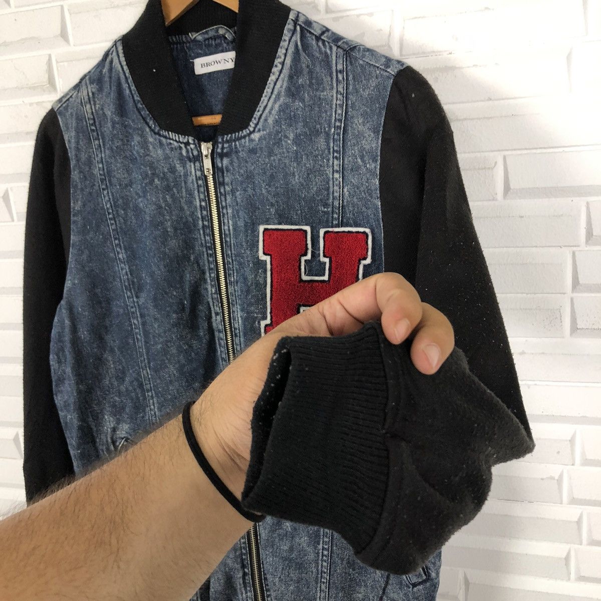 Japanese Brand VINTAGE DENIM VARSITY JACKET BIG LOGO BROWNY Size US M / EU 48-50 / 2 - 5 Thumbnail