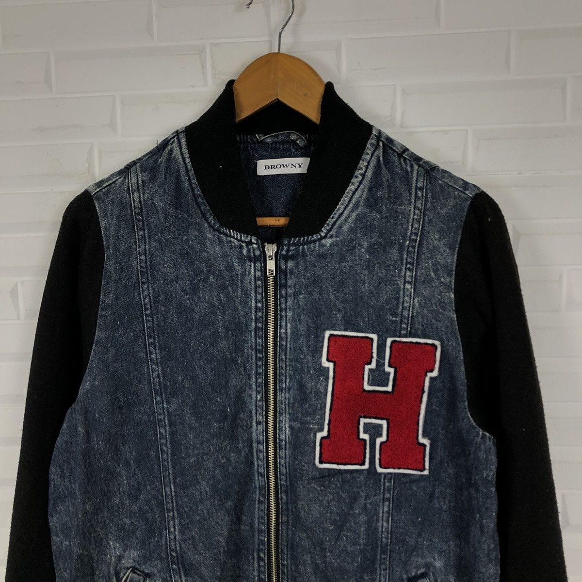 Japanese Brand VINTAGE DENIM VARSITY JACKET BIG LOGO BROWNY Size US M / EU 48-50 / 2 - 3 Thumbnail