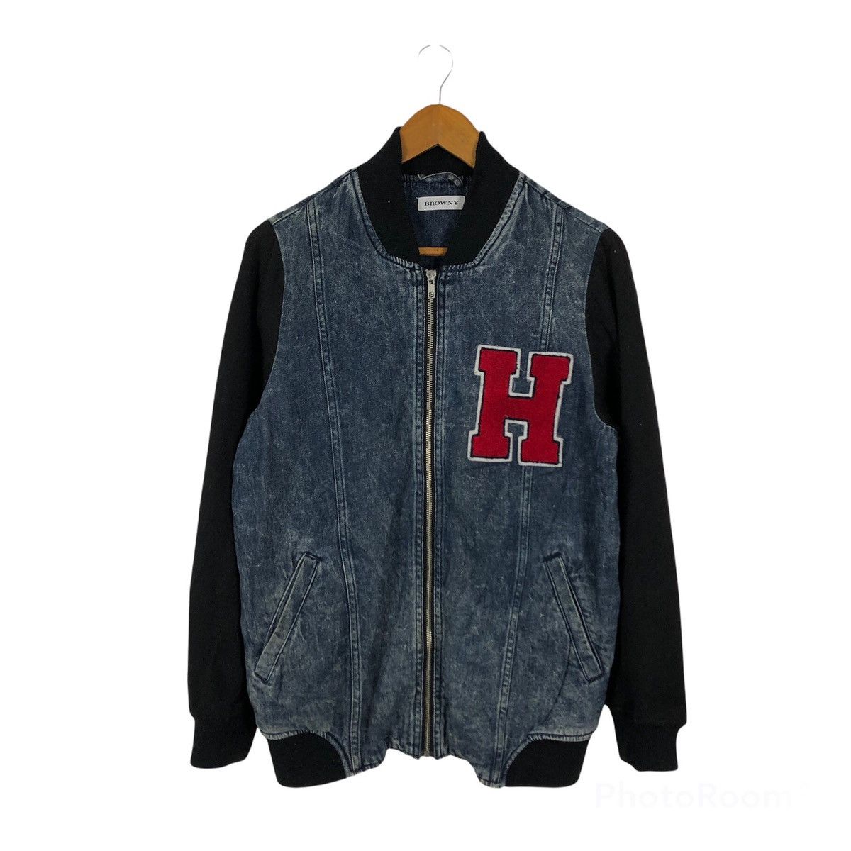 VINTAGE DENIM VARSITY JACKET BIG LOGO BROWNY