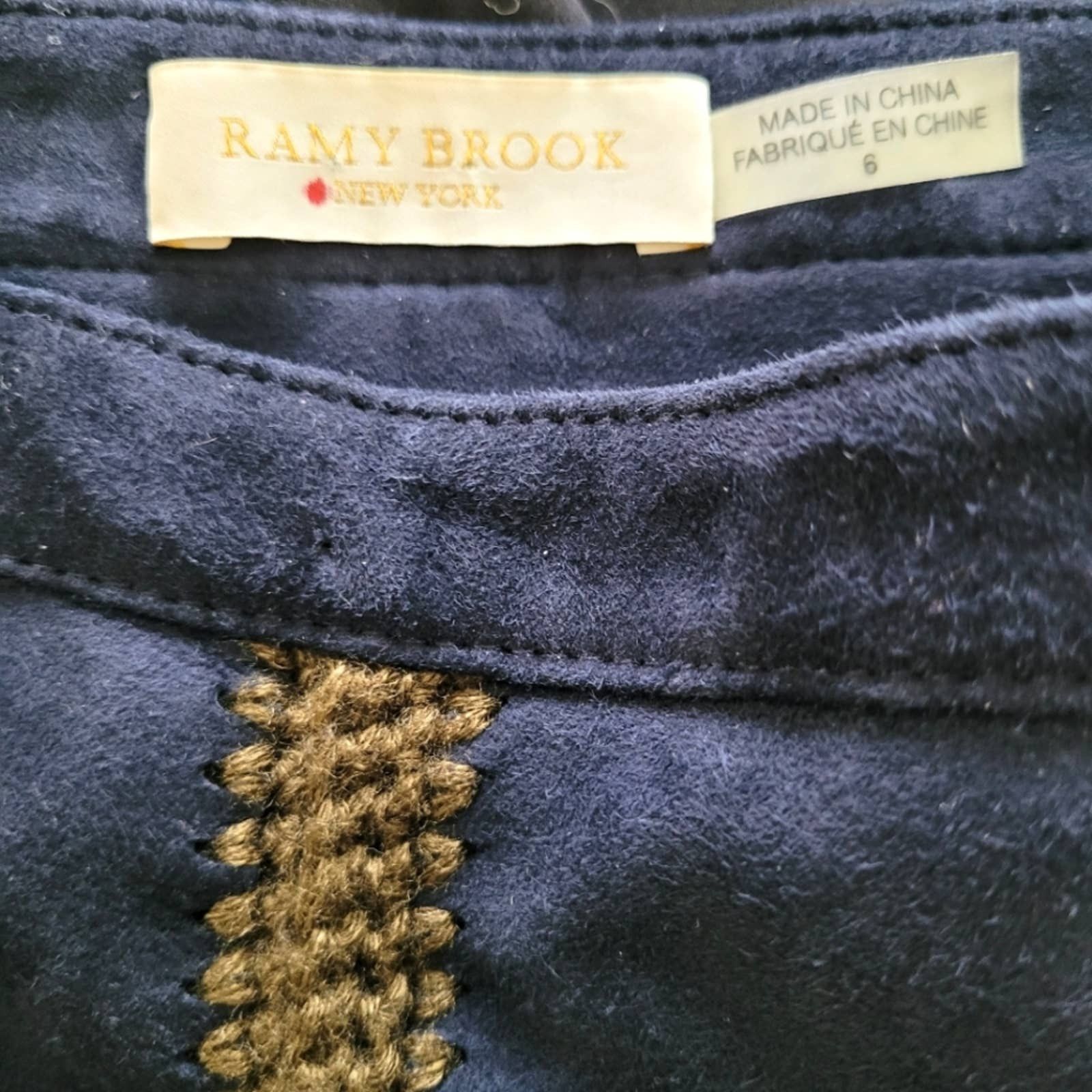 Ramy Brook Bradey Navy Blue Suede Olive Green Crochet Detail Mini Skirt Size 31" - 5 Thumbnail