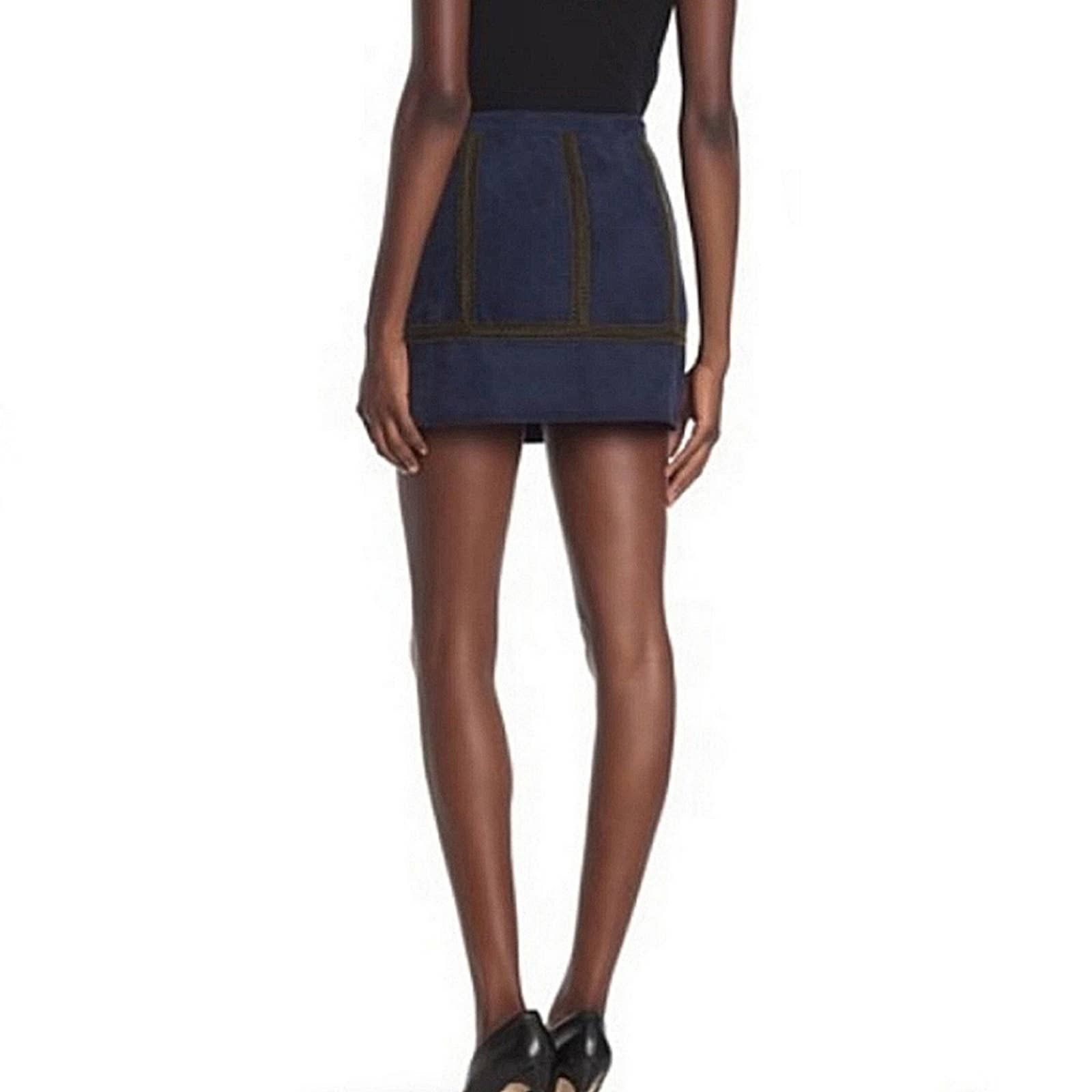 Ramy Brook Bradey Navy Blue Suede Olive Green Crochet Detail Mini Skirt Size 31" - 2 Thumbnail