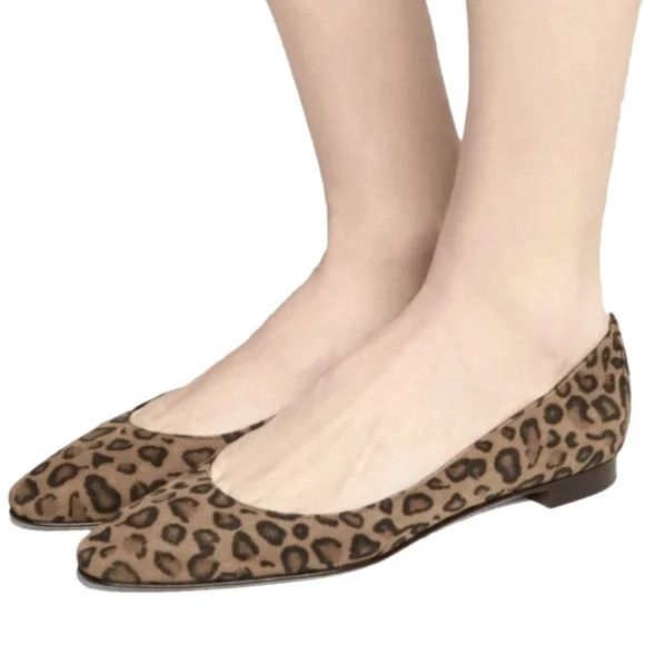 image of Manolo Blahnik Lee Tan/brown Leopard Suede Tapered-Toe Ballet Flats, Women's (Size 10)